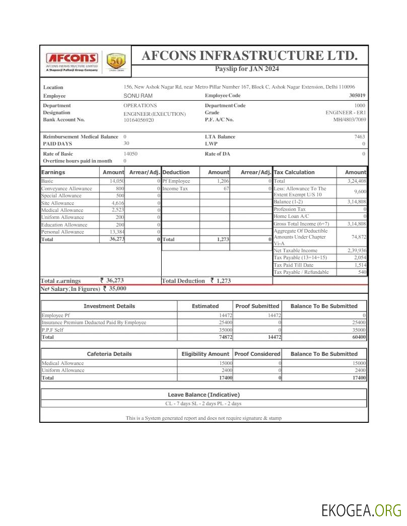 Modèle de fiche de paie Afcons Infrastructure aux formats Word et PDF.pdf, 1